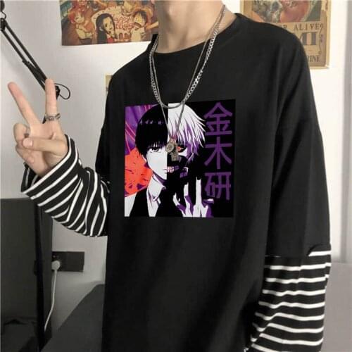 Hot Japan Anime Tokyo Ghoul Ken Kaneki Fake Two Piece T Shirt Harajuku Korean Fashion Street Stripes Long Sleeve Summer T-Shirt
