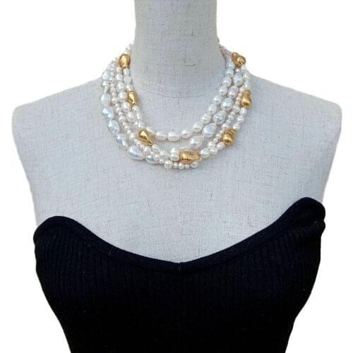 YYGEM natural Freshwater Cultured White Nucleated Flameball Baroque Pearl Gold Color brush beads Sweater Chain Necklace