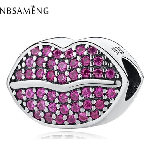 Authentic 925 Sterling Silver Bead Pave Red Crystal Lips Charms Fit Original Bracelet Women DIY Jewelry Valentines Gift