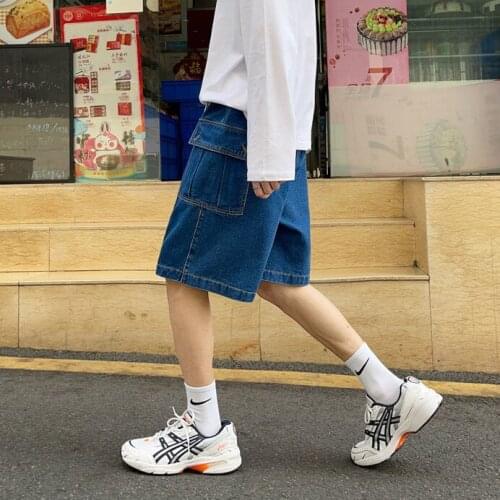 Sports Stitching Jeans Men Summer Wide-leg Straight Shorts Loose Wash Oversize Pocket Overalls Casual Denim Pants Thin Plus Size