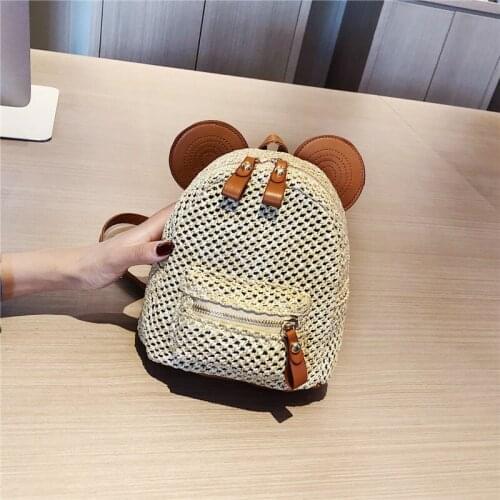 Disney Mickey grass woven hit color PU ladies casual fashion travel bag shoulder messenger storage bag kindergarten school bag
