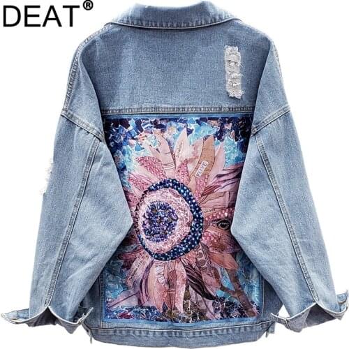 [DEAT] 2021 Autumn New Fashion Single-breasted Turn-down Collar Long Sleeve Hole Diamonding Printing Denim Jacket Women 13Z1395