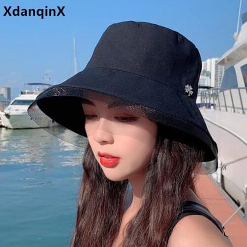 XdanqinX Multicolor Summer Womens Hat Panama Bucket Hats Japanese Style Mesh Edge Eaves Decoration Sunscreen Female Beach Hat