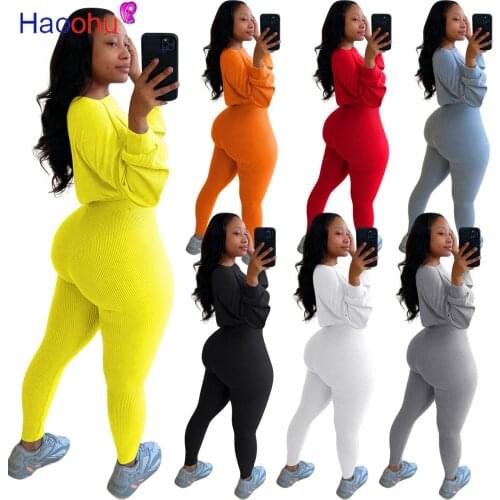 Women Sportswear Two Piece Set Autumn Clothes Ribbed Knitted Long Sleeve Crop Tops and Fitness Pencil Jogger Pant Skinny Outfits