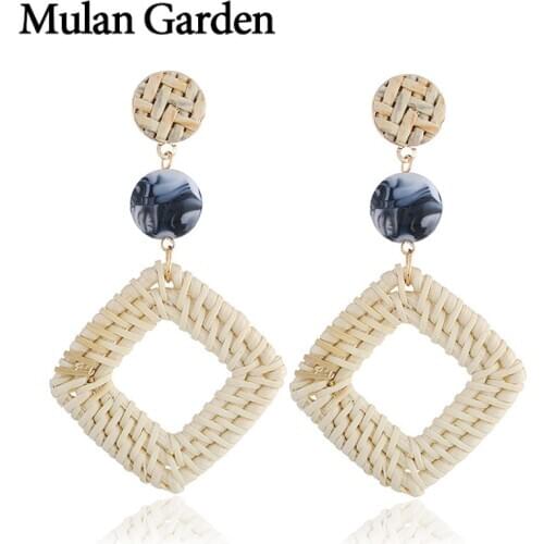 M&G Square Handmade Rattan Wood Bohemian Earrings for Women Long Rhinestone Pendant Ethnic Dangle Earrings Fashion Jewelry 2019