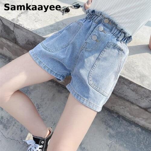 5-15y Kids Short Summer Girls Denim Shorts Jeans Pants Solid Trousers Princess Elastic Waist Button Children Casual Clothing s32