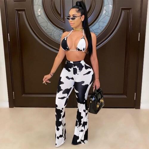 SEASONS Dairy Cow Print Tie Dye Women Two Piece Set Halter Bra Lace Up Flare Pants Bell High Waist Lady Sexy Matching ASSU81769