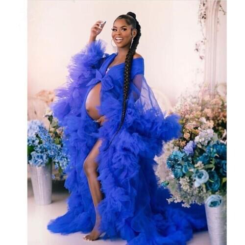 Trendy Royal Blue Ruffles Tulle Long Formal Dresses For Pregnant Women To Picture Shoot Puffy Full Sleeves See Thru Women Robe