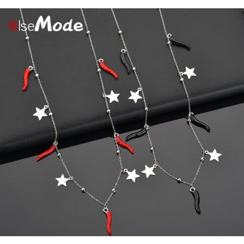 ELSEMADE Vintage Red Chili Tassel Women Choker Necklace Stainless Steel Stars Charms Jewelry Gifts