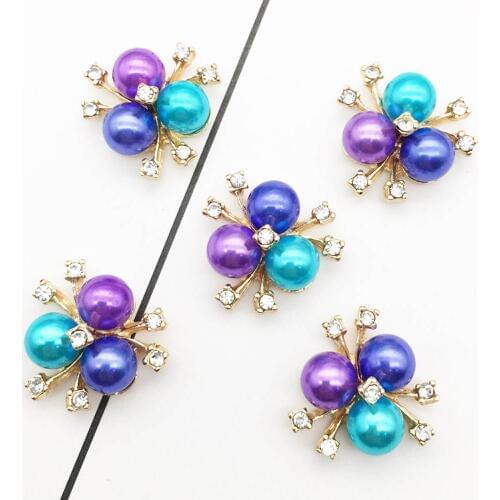 10pcs/lot 20mm*20mm Blue Pearl Rhinestone Buttons for Craft Wedding Invitation Card DIY Girl Hair Bowknot Metal Snap Buttons