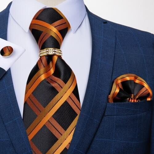 8cm Width Orange Plaid Black Mens Ties Silk Jacquard Business Wedding Party Neck Tie Gravatas Tie Ring Set Gift For Men DiBanGu