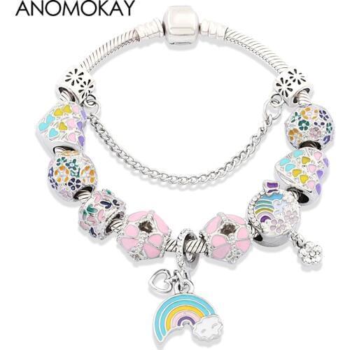 Anomokay New Design Multi Color Bloom Flowers Series Charm Bracelet Rainbow Heart Moon Pendant Bead Bracelet for Women Girl Gift