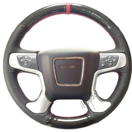 Black Hole Leather & Carbon Fiber Auto Accessories Steering Wheel Cover Hand-Stitch on Wrap Fit for 2015-2020 GMC Yukon XL