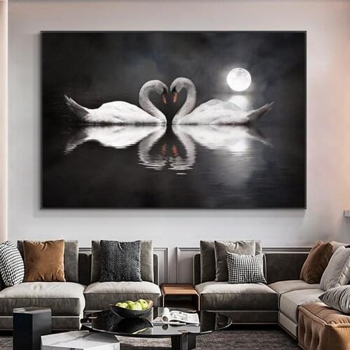 Two Swans On The River Canvas Painting Animals Posters and Prints Cuadros Wall Art Pictures For Living Room Home Decoration