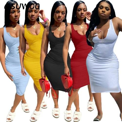GSUWOO Summer Womens Slim Low Cut Dress Sexy Sleeveless Deep U-neck Knee-length Dresses Knitted Skinny Tank Dress Clothes