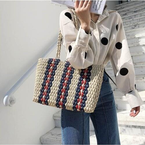 Fashion Striped Straw Bags Casual Rattan Large Women Tote Wicker Woven Female Handbags Shoulder Bags Summer Beach Travel Purses