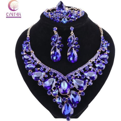 Fashion Jewelry Gold-color Crystal Rhinestone Necklace Earrings Bracelet Ring Set Women Bridal Wedding Jewelry Sets