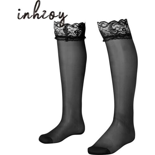 Men Sheer Mesh Lace Stockings with Double Silicone Strip Anti-slip Thigh High Socks Sexy Sissy Lingerie for Male Gay Underwear