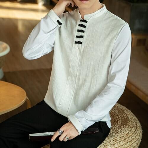 Cotton Linen Loose Men Tops Chinese Traditional Solid Color Hanfu Shirts Vintage Buckle Stand Collar Long Sleeve Male Tang Suits