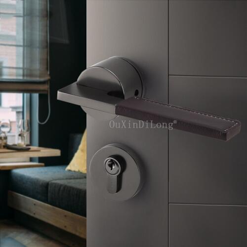 1Set Zinc Alloy with Genuine Leather Door Lever Set European Wood Interior Door Lock Split Handle Knob For 35-50mm Door GF61