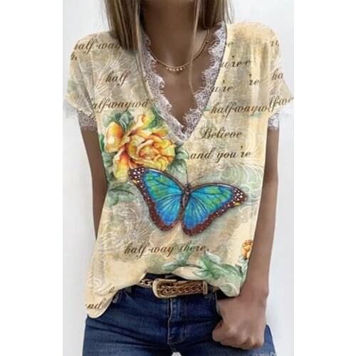 SAGACE Loose V-neck butterfly print lace stitching short sleeve top 2021 summer new womens wear футболка женский