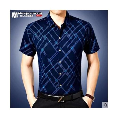 Middle-aged short sleeve t shirt men thin streetwear men t shirts Business casual loose plaid printing アメカジ ファッション