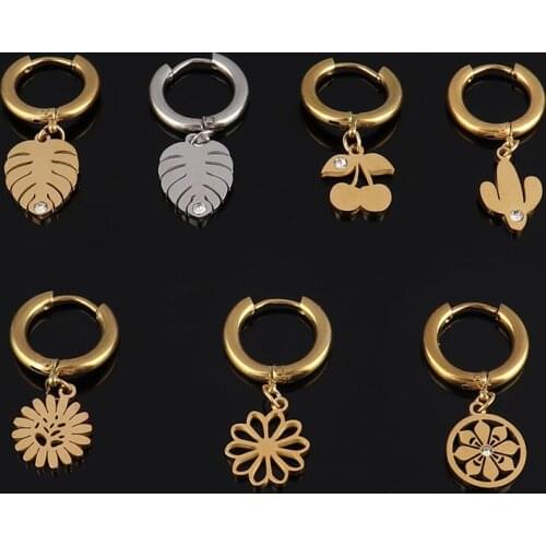 Stainless Steel Earring For Women Plant Leaf Pendant Earrings Flower Charms Earring Geometric Round Earring Jewelry