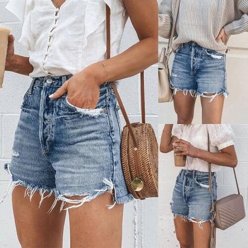 Womens Summer Casual Shorts High Waist Wild Solid Color Button Zipper Sexy Ripped Tassel Hem Slim Fitting Denim Shorts