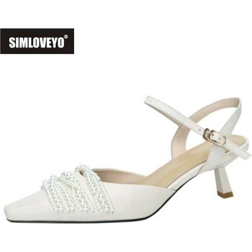 SIMLOVEYO 2021 Retro Pump Beading Pointed Toe Front Rear Strap Slingbacks 5.5cm Strange Heel Size 33-42 White Yellow Black A4312