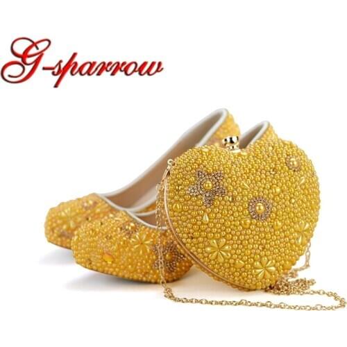 Yellow Pearl Women High Heel Shoes Rhinestone Wedding Party Prom Shoes with Matching Bag Adult Ceremony Heart Shape Handbag