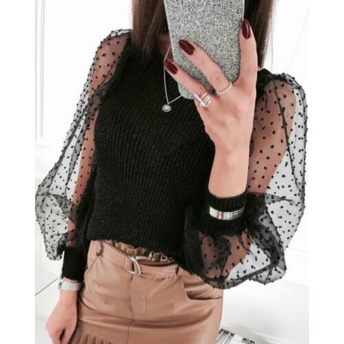 US Women See-through Sheer Mesh Dot Puff Long Sleeve T-shirt Autumn Spring Tops