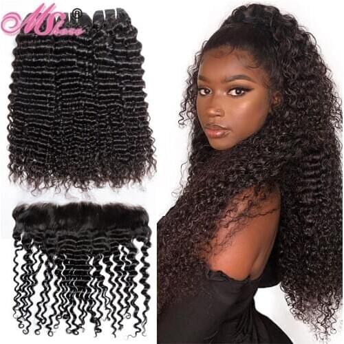Mshere Hair 3 Bundles With 13x4 Lace Frontal Closure Peruvian Deep Curly Wave Bundle With Frontal Non Remy Human Hair Extensions