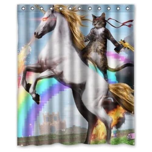 Funny Unicorn and cat Shower Curtain, Shower Rings Included 100% Polyester Waterproof