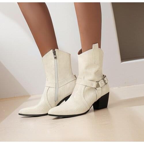 2021 New Stone Pattern Ankle Boots for Women Wedge High Heels Boots Woman Buckle Design Chunky Heels Botas Mujer Western Boots
