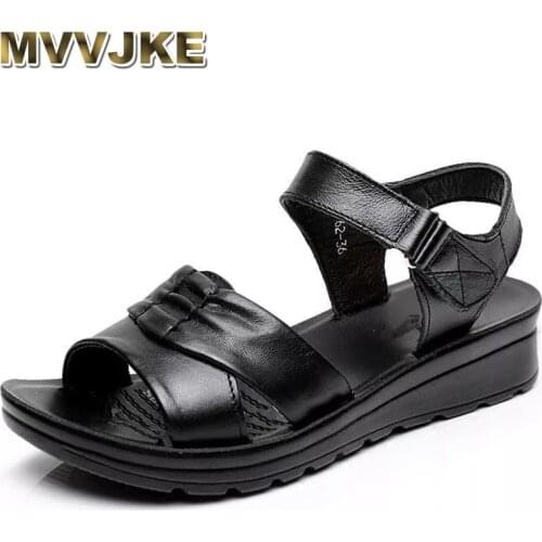 MVVJKE Summer Shoes Women Sandals Leather soft soles comfortable Ladies sandals large size Middle-aged casual Open Toe sandals