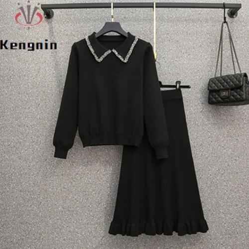 2021 Autumn Winter Loose Oversize Women Suits Black Knitted Sweater Top + Mermaid Elastic Waist Skirts Lady Two Piece Set KE1791