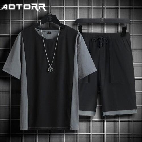 Plus Size Summer Men Short Sleeve Sets 2 Piece Fashion Color Matching Sportswear Tracksuit Men Casual Jogger Sweat Suits S-5XL