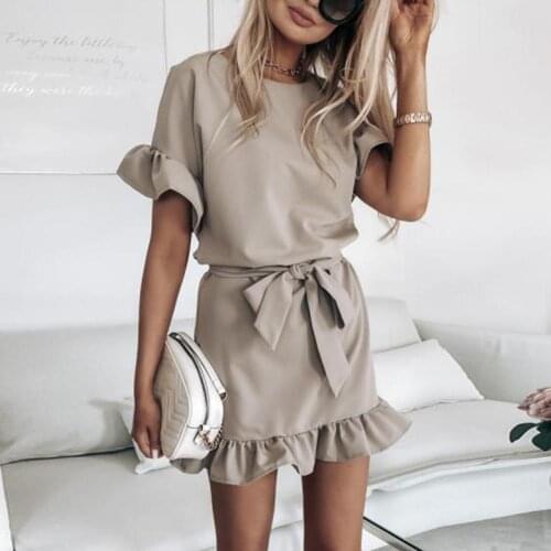2021 Summer New Women Casual Solid Color O Neck Short Flounced Sleeve Ruffled Hem Belt Party Mini Dress Office Lady Wearing