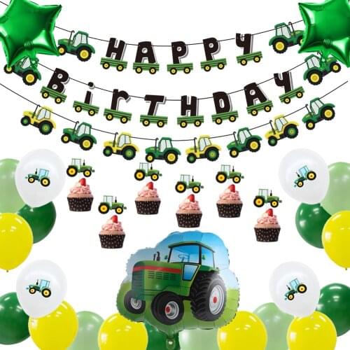 13Pcs Cartoon Car Theme Party Decoration Set Happy Birthday Car Banner Tractor Cake Toppers Kids Birthday Garden Party Supplies