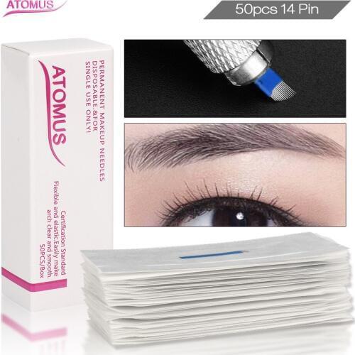 50PCS 14 Pin Microblading Accesories Eyebrow Needle Aiguille Tatouage Jetable Manual Tattoo Needles Blade Laminas Para Tebori