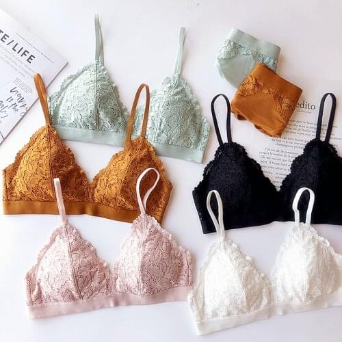 6 colors Wire free Cup triangle padded lace sexy young ladies underwear lingerie women bralette and panty set girls intimates