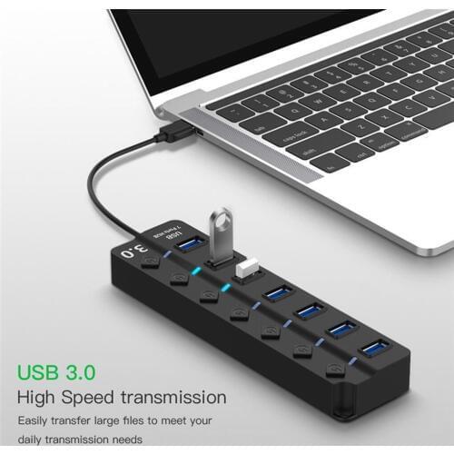 7 Port USB 3.0 Hub 5Gbps High Speed On/Off Switches AC Power Adapter for Tablet Laptop Computer