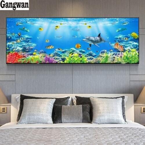 Large Abstract Mosaic diy diamond painting cross stitch Dolphin fish Underwater world marine life Full square/round drill decor