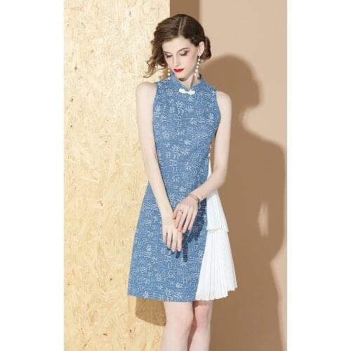 DIUFIUPAI Chinese Character Printing Cheongsam Modern Blue Slim Temperament Sleeveless Patchwork Irregular Skirt Tang Suit Skirt