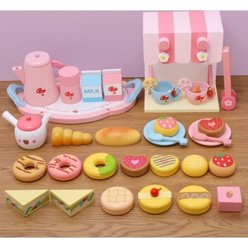 Childrens Wooden Pretend Play House Toy Simulated Kitchen Set Cake Cutting Coffee Machine Afternoon Tea Pot Montessori Kid Gift