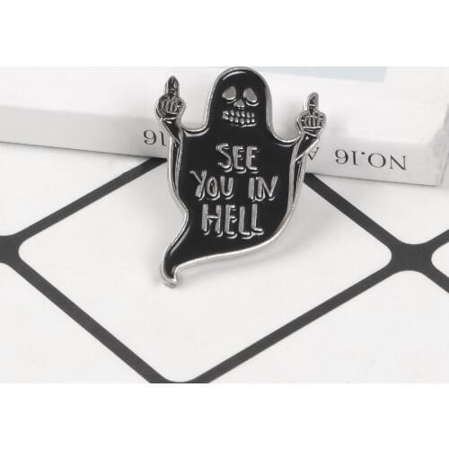 Ghost Enamel Pin Black Specter Middle finger Death F*k Brooch Badge Lapel Pin Halloween Pins Punk Goth Jewelry Gift for friends