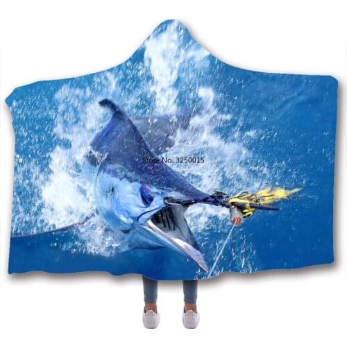 Fish Fishing Print Hooded Blanket Fleece Blankets And Throws Blankets For Beds Double Layered Velvet Warm Wearable Soft Blanket