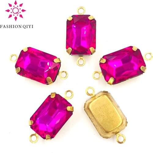 Hot selling 10X14mm Rectangular octagon sew on rhinestones Rose red Gold base Glass Crystal double loop pandent diy accessories