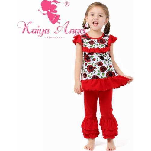 Kaiya Angel Valentines Day Red Peony Summer Children Clothing Floral Girls Suit Tracksuit for Baby Clothes Factory Wholesale