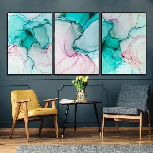 Green Pink Flower Petals Marble Canvas Painting Modern Wall Poster Alcohol Ink Abstract Painting Pictures Living Room Decoration